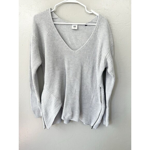 Cabi Deep V Pullover Sweater Tunic Side Zippers, Gray - Beige #3531 Large Ribbed - Picture 2 of 8